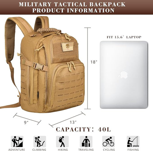 Military Tactical Backpack, 40L Tactical Backpack for Men, Army 3 Days Assault Pack, Military Molle Backpack Waterproof, EDC Hiking Bug Out Bag with Water Bladder Compartment, Hiking Rucksack