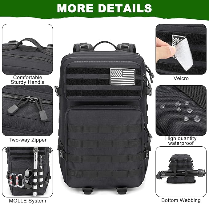 Tactical Backpack 45L Army Military Rucksack, Water Resistant MOLLE EDC Pack, Large 3 Day Bug Out Bag for Men & Women, Durable Outdoor Gear for Hiking, Camping, Hunting, Fishing,Travel (Black)