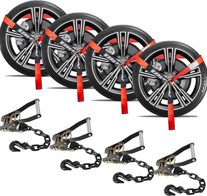 4 Pack Car Tie Down Straps for Trailers with Heavy Duty Chain Anchors 2" x 96" - 3,300 lbs Safe Working Load -Adjustable Wheel Straps with Chain Hook Anchors for Trailers.Red