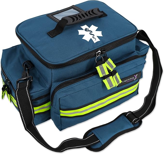 Lightning X Medium First Responder EMT Bag | LXMB25 | w/Reflective, Shoulder Strap & Zippered Compartments for First Aid + Trauma Supplies - Blue