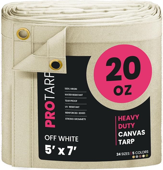 PROTARP Extreme Heavy Duty 20 OZ Water Resistant Canvas Tarp, UV Resistant Tarpaulin Cover with Rustproof Brass Grommets, Multipurpose for Canopy, Roof, Camping, Woodpile (Off White 5'X7')