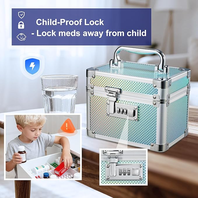 Adazzo Lockable Medicine Storage Box - Shiny Turquoise Cabinet Med Lock Organizer, 7 * 5.25 * 5.75 Inches Safe Case with Combination Lock for Home, Dorm, Office, or Travel - Mini Size