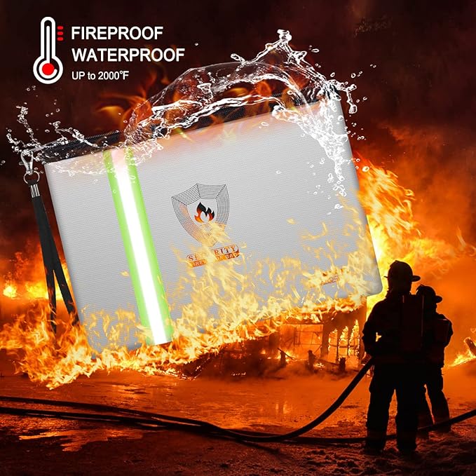 Fireproof Bag for Documents and Money - 2-Pack Waterproof Fire Safe Pouch with Metal Zipper, Reflective Strip & Hand Strap for Passport, Cash, Valuables by NAIBAOSD (13.3" & 10.8")