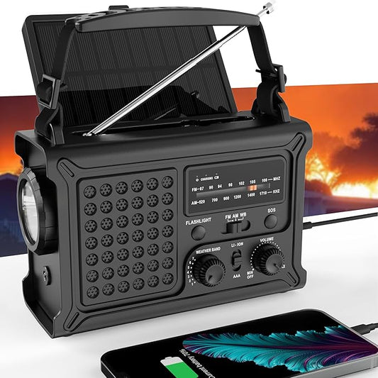 Upgraded Emergency Weather Radio - Hand Crank & Solar Powered, NOAA/AM/FM Radio with Weather Alert, Portable USB Charger, Flashlight, Reading Lamp, SOS for Home Emergency Kit, Camping & Outdoor Black