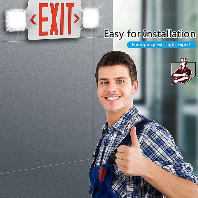 LED Exit Signs with Emergency Lights, Red LED Two Adjustable Head Emergency Exit Light with Backup Battery, AC 120V/277V, ABS Fire Resistant, UL Listed (4Pack)