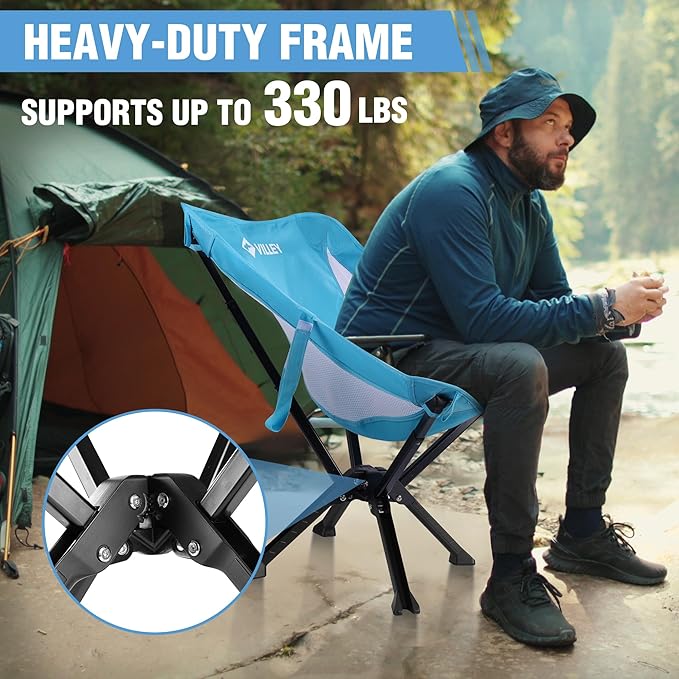 VILLEY Portable Folding Chair Lightweight Camping Chair No Assembly Needed, Quick Setup for Beach, Hiking, Supports 330 LBS, Blue, 2-Pack