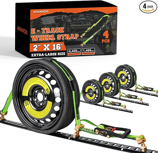 2" x 16' E Track Tire Straps with Fittings, 4 Pack, Car Tie Down Straps for Trailers, Over The Wheel Ratchet Strap with Rubber Blocks, Vehicle Auto Tie Down Kit for Hauling Oversize Tires