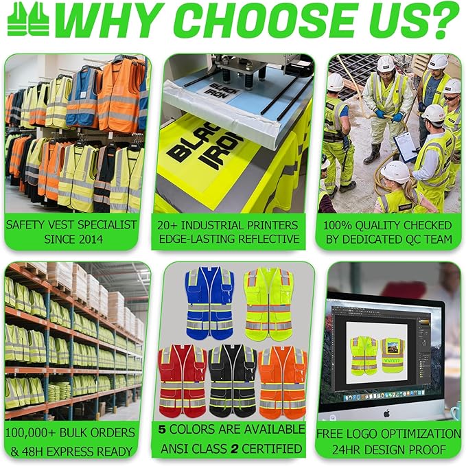 BeautyWill 10 Pack Custom Logo Safety Vest ANSI Class 2 High Visibility Reflective Vest Personalized Construction Vest Bulk