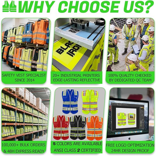 BeautyWill 10 Pack Custom Logo Safety Vest ANSI Class 2 High Visibility Reflective Vest Personalized Construction Vest Bulk