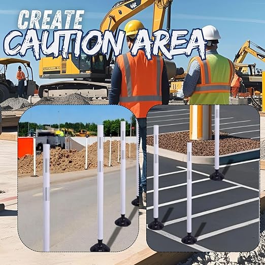 BESEA 8PCS 48" Traffic Delineator Posts with Detachable Base & High-Visibility Reflective Collars,White Durable Flexible Safety Cones for Work Zones, Parking Lots, and Roadways
