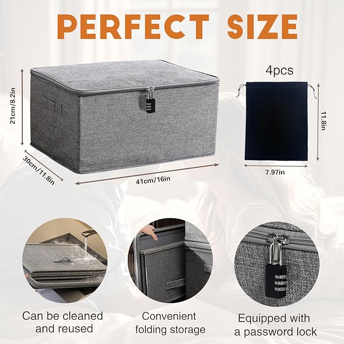 Locking Game Toy Storage Organizer Lock Box Toy Storage Bins Game Toys Storage Bags with 4 Drawstring Bags, Large capacity 16 x 11.8 x 8.2 Inches (Gray)