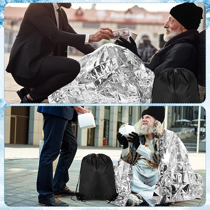 60 Pcs Homeless Care Package Supplies Winter Beanie Gloves Sock Drawstring Bags Emergency Blankets for Men Women