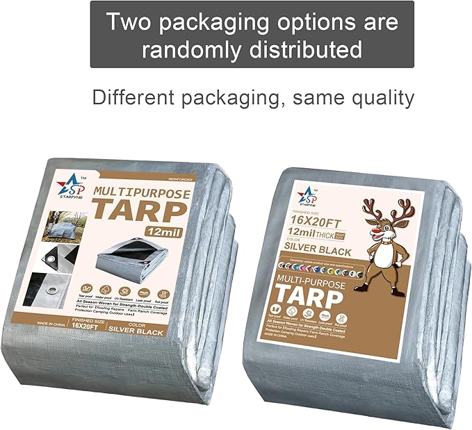 STARPYNG-12 Mil Silver/Black 16x20 Feet Tarp-Heavy Duty Poly Tarp-Cover,Waterproof, UV Resistant, Weather Resistant, Cover Cars, Boats, Courtyards,Camping