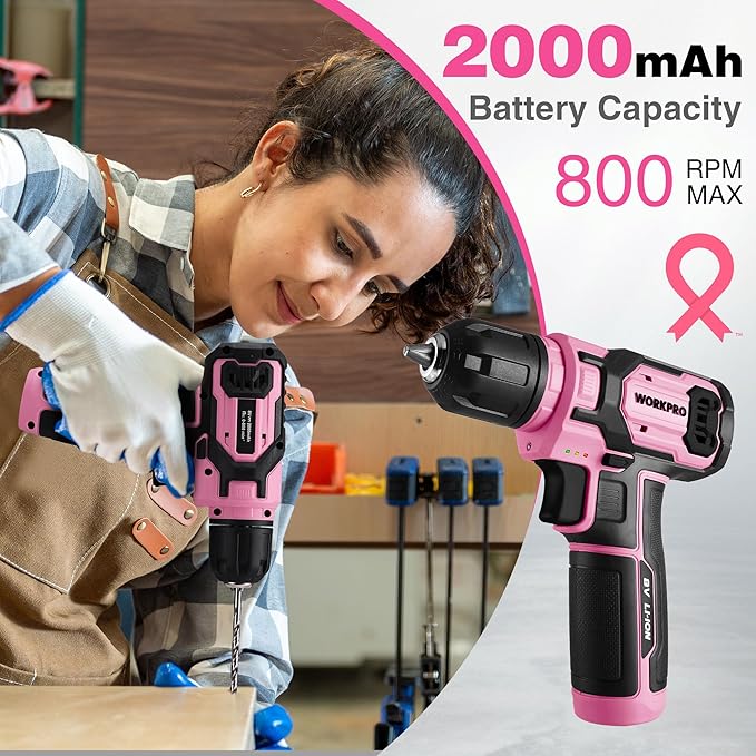 WORKPRO Pink Power Drill Set, 8V Cordless Drill Driver Set with 53pcs Bit Set, 2.0Ah Electric Cordless Drill Kit with 3/8" Keyless Chuck and Variable Speed Trigger, Portable for DIY- Pink Ribbon