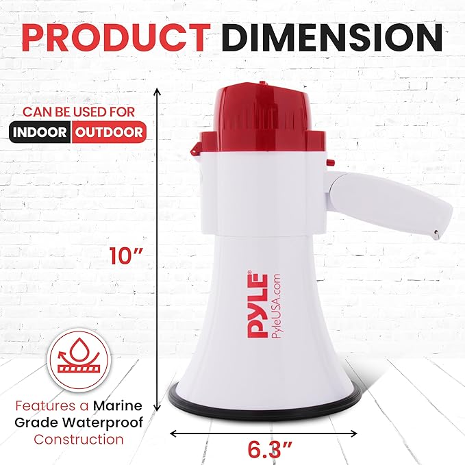Pyle Lightweight 30-Watt Megaphone Bullhorn Speaker - Adjustable Volume, Built-in Siren for 800-Yard Range Suitable for Indoor/Outdoor Sports, Cheerleading, and Events (PMP30)