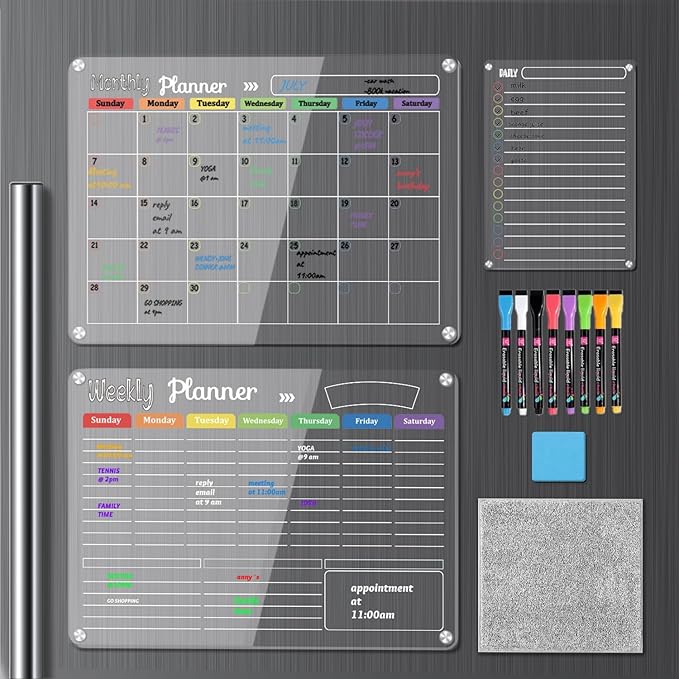 Hivillexun 3-Pack Acrylic Magnetic Dry Erase Calendar Whiteboard Set – Organize Your Refrigerator, Wall, or Fridge with Monthly, Weekly, and Daily Planners, Includes 8 Markers, Large Eraser, and Cloth