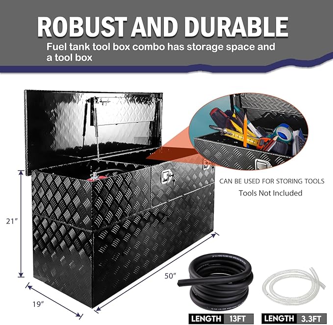 51 Gallons Fuel Transfer Tank Tool Box Combo Aluminum Gasoline Diesel Transfer Tank & Toolbox with 12 GPM Fuel Transfer Pump, Auxiliary Tank, Black Diamond Plate