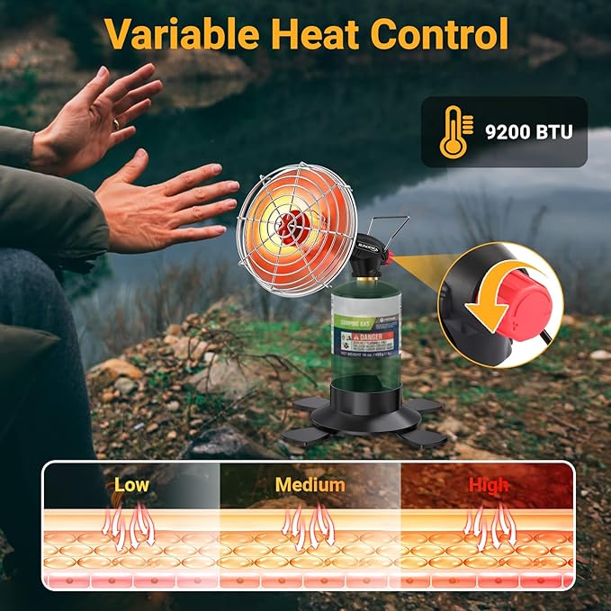 Portable Propane Heater for Camping,9,200BTU Small Outdoor Patio Garage Heater,Self-Ignition,with Foldable Gas Cylinder Holder for Tent Hiking Ice Fishing Hunting(Fuel Cylinder not included)