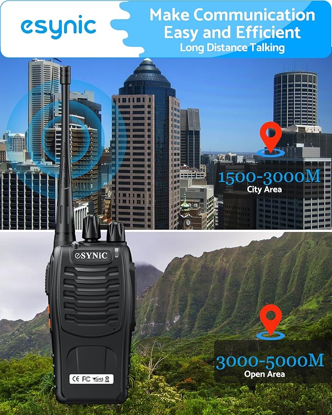 eSynic 5-Pack Professional Walkie Talkies - 5KM Long Range 16CH Rechargeable Two-Way Radios- Includes 5 Headsets & Charging Base, VOX Hands-Free for Job Sites/Camping/Family Outdoor (Ideal Gift Set)