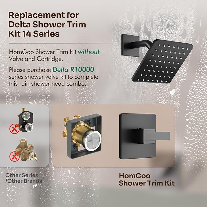 Replacement for Delta Faucet Shower Trim Kit 14 Series, Bathroom Shower Faucet Set with 6-Inch Matte Black Shower Head（Valve/Cartridge Not Included）