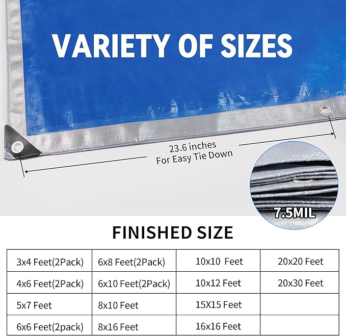 TARPAL Tarp 20x30 Feet Waterproof Large tarps 7.5mil Multipurpose Protective for Outdoors,UV Protection,Rip and Tear Proof,Poly Tarpaulin(Silver/Blue)