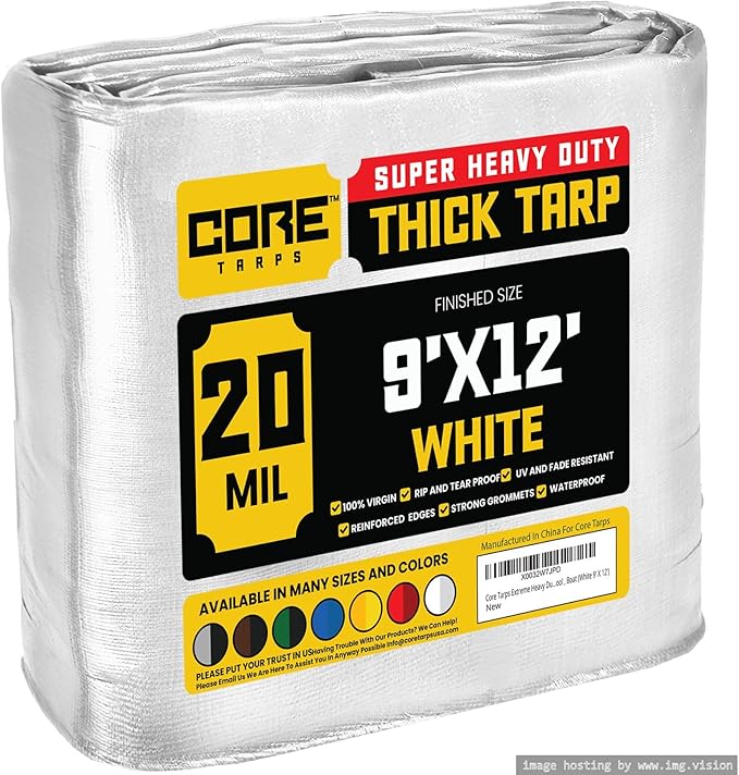 Core Tarps Extreme Heavy Duty 20 Mil Tarp Cover, Waterproof, UV Resistant, Rip and Tear Proof, Poly Tarpaulin with Reinforced Edges for Roof, Camping, Patio, Pool, Boat (White 9′ X 12′)