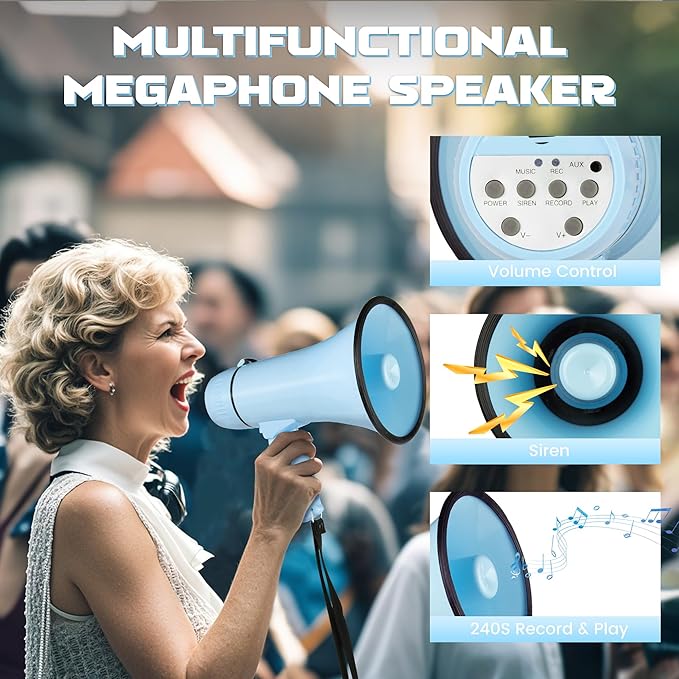 Portable Megaphone 20 Watt Power Megaphone Speaker Bullhorn Voice and Siren/Alarm Modes with Volume Control and Strap (Light Blue)