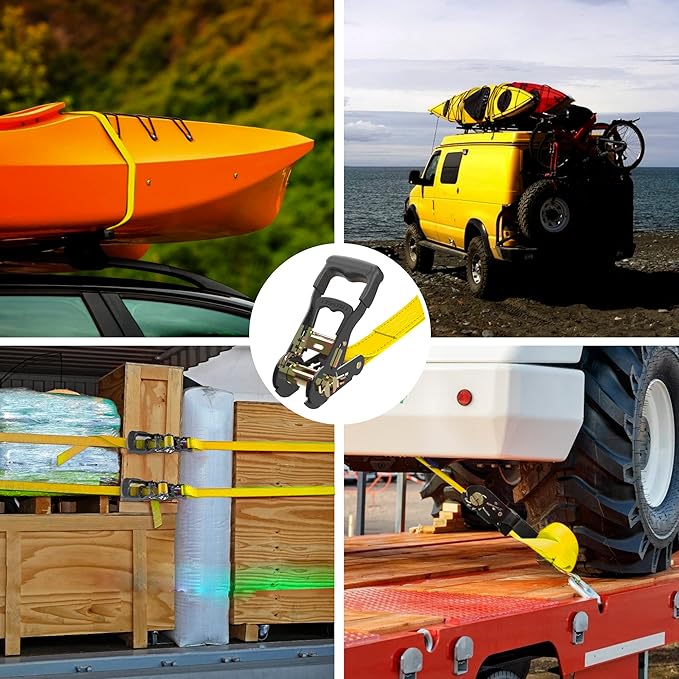 Ratchet Straps (4PK) - 4500lbs Breaking Strength 1.5''×15' Heavy Duty Tie Down Straps with Padded Handles, Double J Hooks & Soft Loops for Moving Motorcycle, Trailer & Trucks (Yellow)