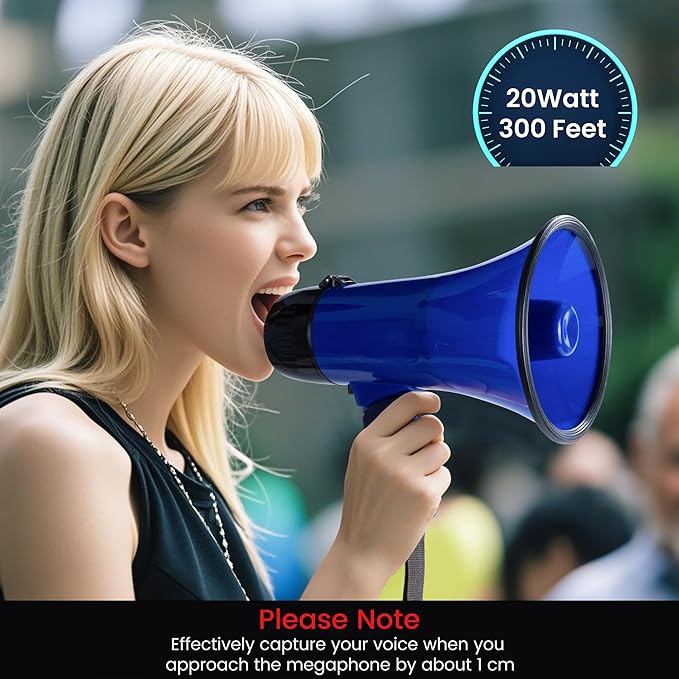 MyMealivos Portable Megaphone Bullhorn 20 Watt Power Megaphone Speaker Voice and Siren/Alarm Modes with Volume Control and Strap (Blue)