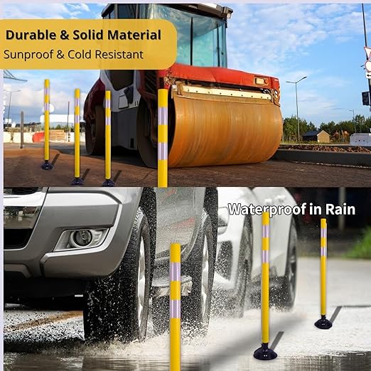 BESEA 8PCS 48" Traffic Delineator Posts with Detachable Base & High-Visibility Reflective Collars,Yellow Durable Flexible Safety Cones for Work Zones, Parking Lots, and Roadways