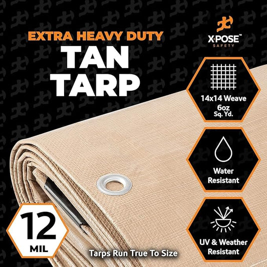 Heavy Duty Tan Poly Tarp 20' X 40' - Bulk Half Pallet (22 Pack) - Multipurpose Protective Cover - Durable, Weather Proof & Tear Resistant - 12 Mil Thick Polyethylene - by Xpose Safety