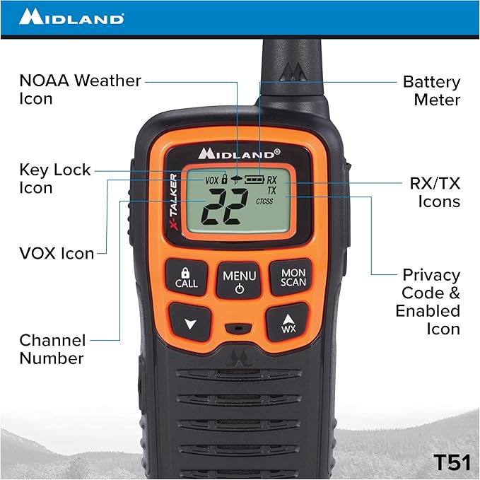 Midland T51VP3 22 Channel FRS Walkie Talkie - Up to 28 Mile Range Two-Way Radio - Orange/Black (Pack of 10)