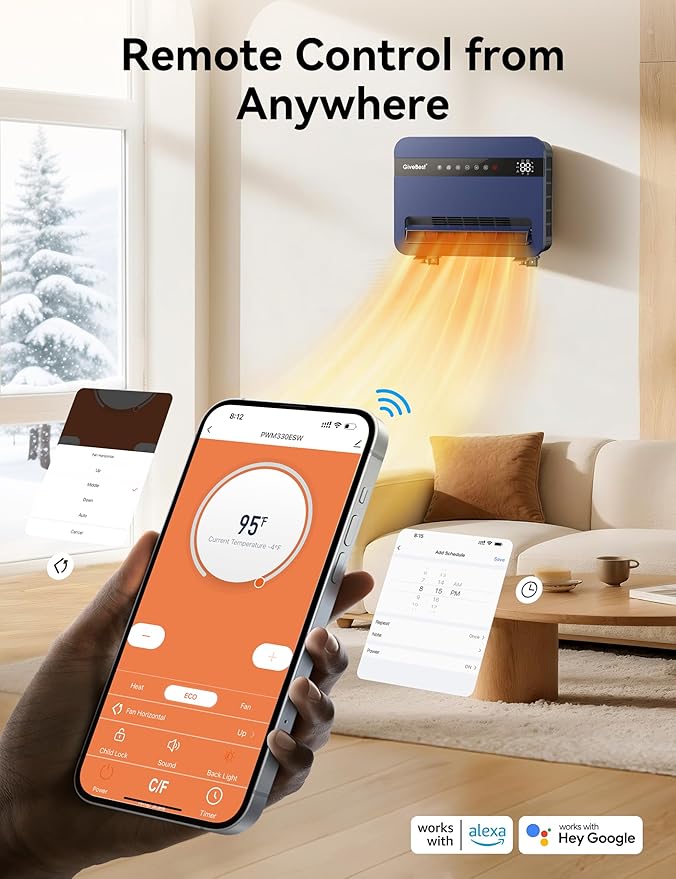Givebest-Wall-Heater-for-Indoor-Use, 1500W Electric-Space-Heater, 120°Vertical Oscillation,Works with Alexa, Adjustable Thermostat, Remote Control, 24H Timer, Easy-mounted Heater for Indoor Use,Blue