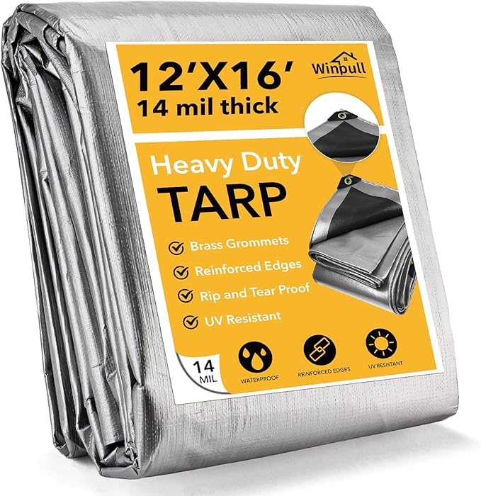 Tarp 12x16 Feet 14 Mil Heavy Duty Waterproof Tarp, Large Multipurpose Cover with Brass Grommets and Reinforced Edges, UV Resistant Thick Poly Tarps for Outdoor Camping Tent Pool Car