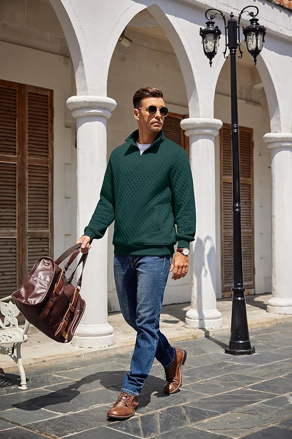 COOFANDY Mens Quarter Zip Pullover Quilted Sweatshirt Knit Long Sleeve Mock Neck Sweater Polo with Pocket