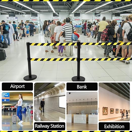 Therwen 6 Pcs Double Retractable Belt Barrier with Stanchion Dual Retractable Safety Belt Heavy Duty Crowd Control Stanchions Stainless Steel Post Holder Safety Barrier Stand (9.8 ft,Black and Yellow)