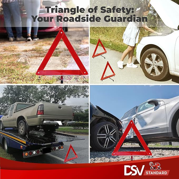 DSV Standard Warning Triangles, Reflective Triangles with Reinforced Cross Base and Carrying Case, Safety Triangles, 3-Pack