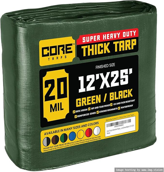 Core Tarps Extreme Heavy Duty 20 Mil Tarp Cover, Waterproof, UV Resistant, Rip and Tear Proof, Poly Tarpaulin with Reinforced Edges for Roof, Camping, Patio, Pool, Boat (Green/Black 12′ X 25′)