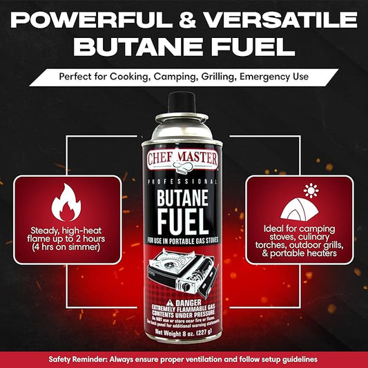 Chef Master 4x 8oz Butane Fuel Canister - Butane Refill for Kitchen Torch & Camp Stove - Gas Canister for Picnics, Outdoor Cooking, Grilling - Camping Stove, Torch Fuel Camping Essentials - 90340