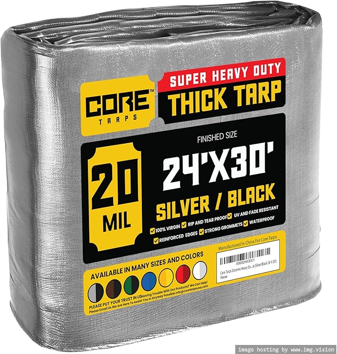 Core Tarps Extreme Heavy Duty 20 Mil Tarp Cover, Waterproof, UV Resistant, Rip and Tear Proof, Poly Tarpaulin with Reinforced Edges for Roof, Camping, Patio, Pool, Boat (Silver/Black 24′ X 30′)