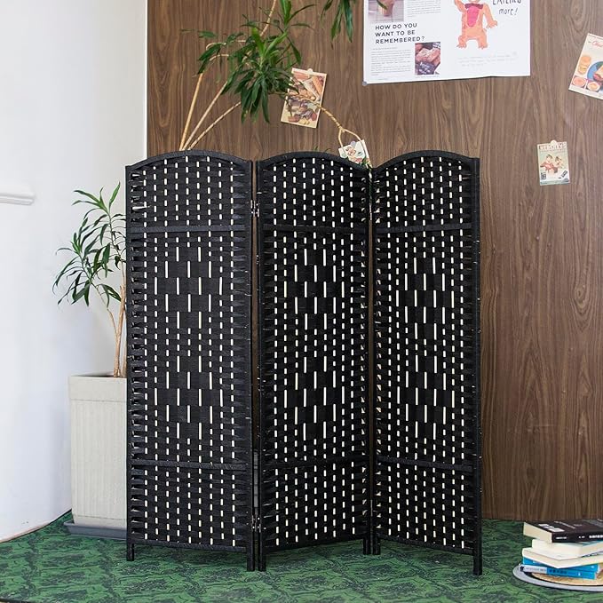 3 Panel Rattan Divider Short Room Partition Screen,Double Sided Folding Divider for Room Separation,Black,47.2" H x 47.2" W