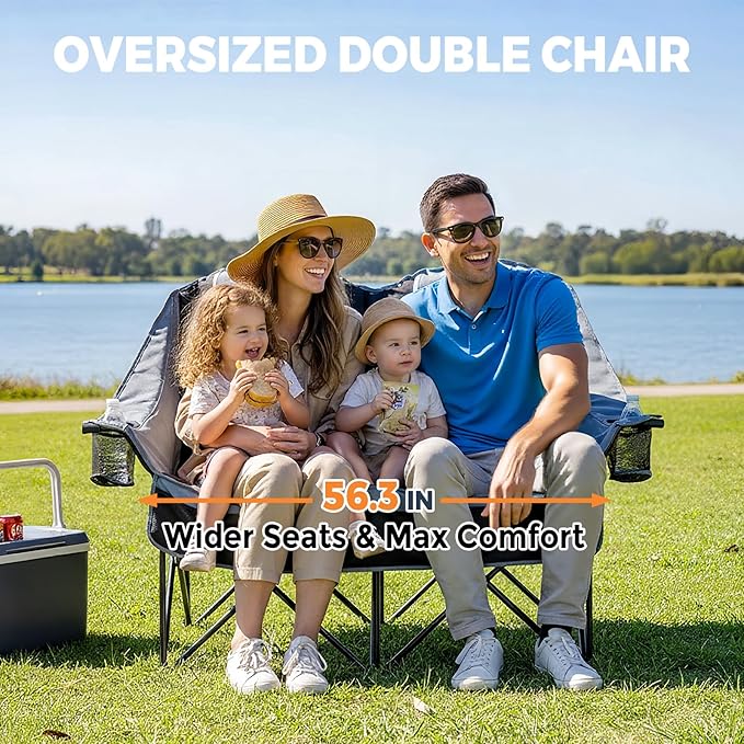 Oversized Double Camping Chair - 2 Person Portable Folding Outdoor Loveseat Heavy Duty Lawn Chairs for Adults with Padded Cushion & Dual Cup Holders, Supports 660LBS for Camping，Sports，Picnic