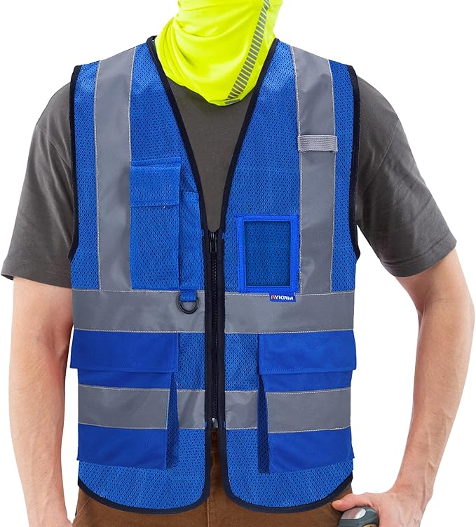 A-SAFETY High Visibility Mesh Safety Reflective Vest with Pockets and Zipper,Hi Viz Work Vest for Men Women (Blue Mesh L)