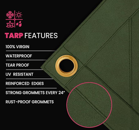 PROTARP Extreme Heavy Duty 20 OZ Water Resistant Canvas Tarp, UV Resistant Tarpaulin Cover with Rustproof Brass Grommets, Multipurpose for Canopy, Roof, Camping, Woodpile (Olive 20'X24')