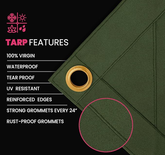 PROTARP Extreme Heavy Duty 20 OZ Water Resistant Canvas Tarp, UV Resistant Tarpaulin Cover with Rustproof Brass Grommets, Multipurpose for Canopy, Roof, Camping, Woodpile (Olive 8'X10')