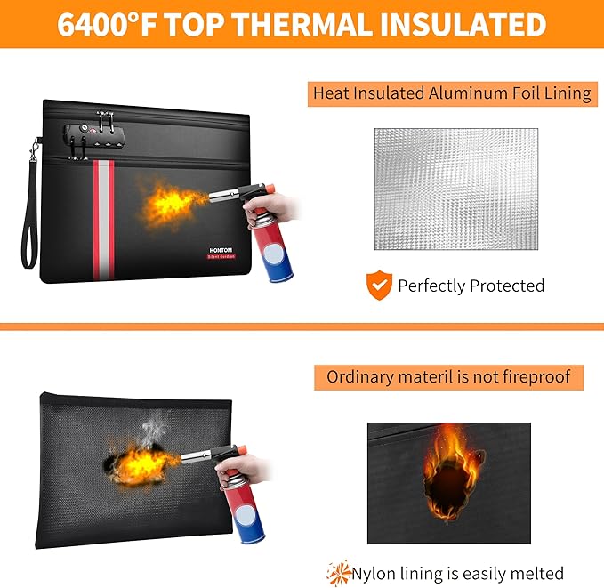 HONTOM Fireproof Document Bag,6400℉ Upgraded Material Fireproof Water Resistant Money Bag with Lock,Home Fire Safe Storage Bag Pouch for Letter Size Documents,Passport and Cards