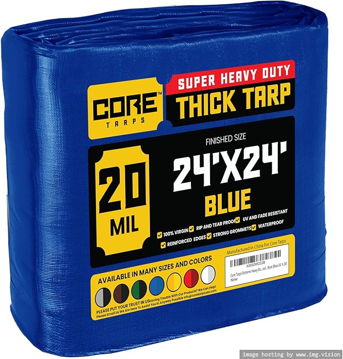 Core Tarps Extreme Heavy Duty 20 Mil Tarp Cover, Waterproof, UV Resistant, Rip and Tear Proof, Poly Tarpaulin with Reinforced Edges for Roof, Camping, Patio, Pool, Boat (Blue 24′ X 24′)