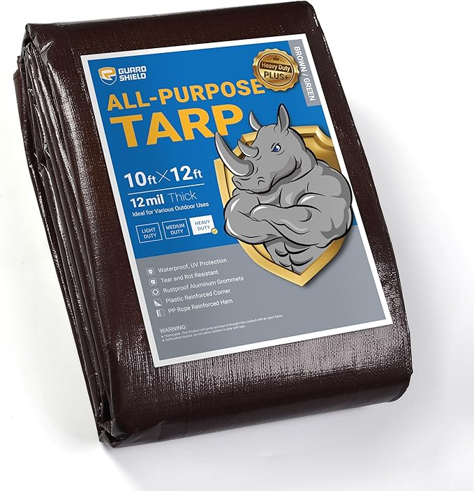 GUARD SHIELD Brown Tarp 10x12 Feet Large Plastic Tarps Heavy Duty Waterproof Outdoor Tarpaulin Cover 12mil