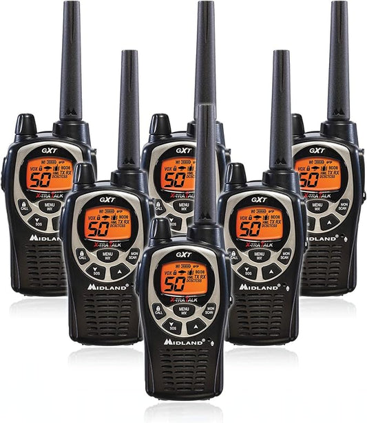 Midland GXT1000VP4 50 Channel GMRS Two-Way Radio - Up to 36 Mile Range Walkie Talkie - Black/Silver (Pack of 6)