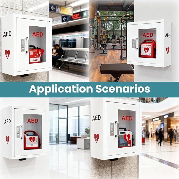 AED Cabinet Wall Mounted, Steel Defibrillator Storage Case with PVC Clear Window, Handle and Snap Lock, AED Defibrillator Cabinet for Home, Hospital 14.2 x 7.8 x 15.7 Inch